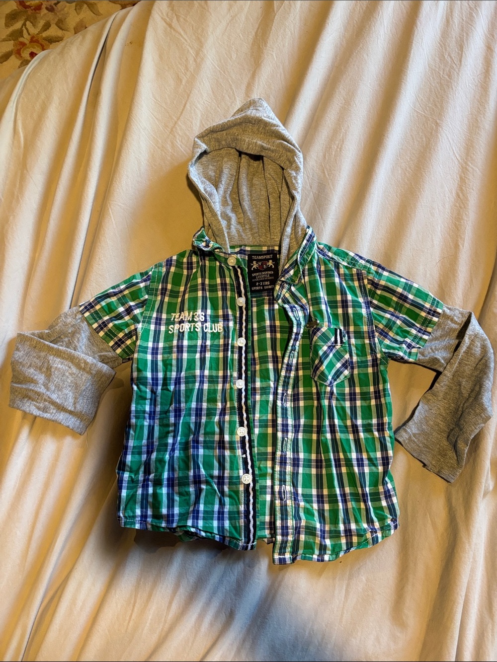 Green Plaid Hooded Button-Down Shirt with Grey Hood and Sleeves - Kids